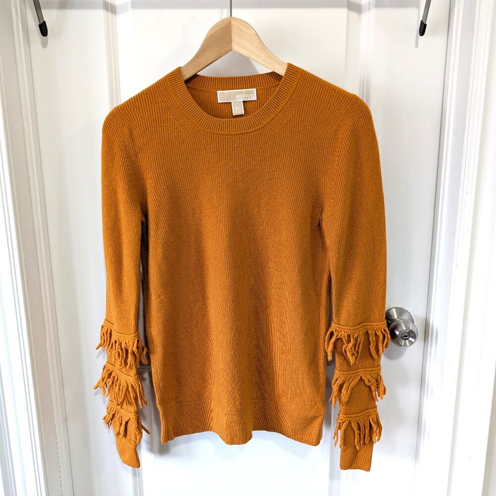 Michael Kors Fringe-Cuff Raglan Sweater Small Wool-Cashmere Blend